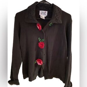 Vintage Shell Kepler for Lacy Afternoon Black Cardigan with Dimensional Rose App